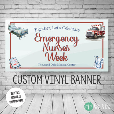 Emergency Nurses Week Appreciation Banner for ER nurses with watercolor medical equipment in blue and burgundy