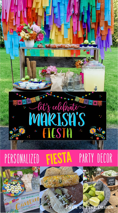 Images of fiesta birthday party with banner and Mexican food