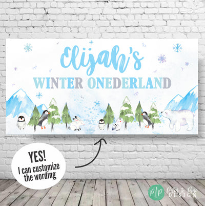 Winter Onederland birthday banner with polar animals for boys first birthday