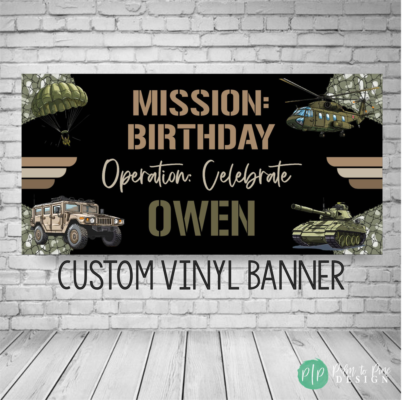 Military Birthday Banner with helicopter, tank and humvee