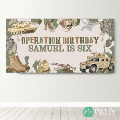 Camo Birthday Banner with military equipment