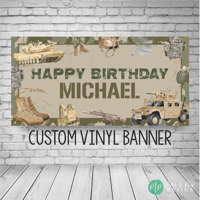 Military birthday banner with soldier supplies