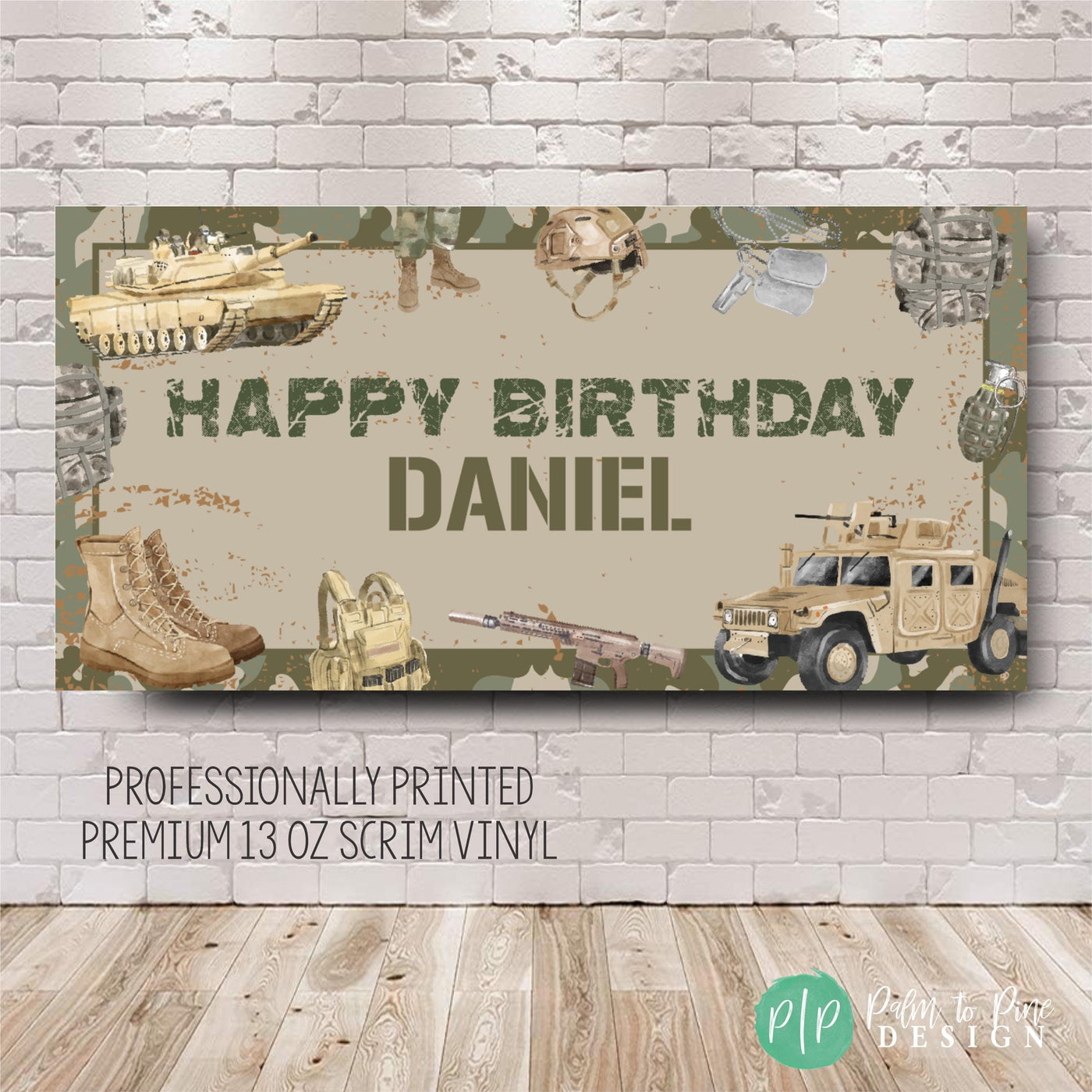 Camouflage birthday party banner with humvee, tank and military supplies