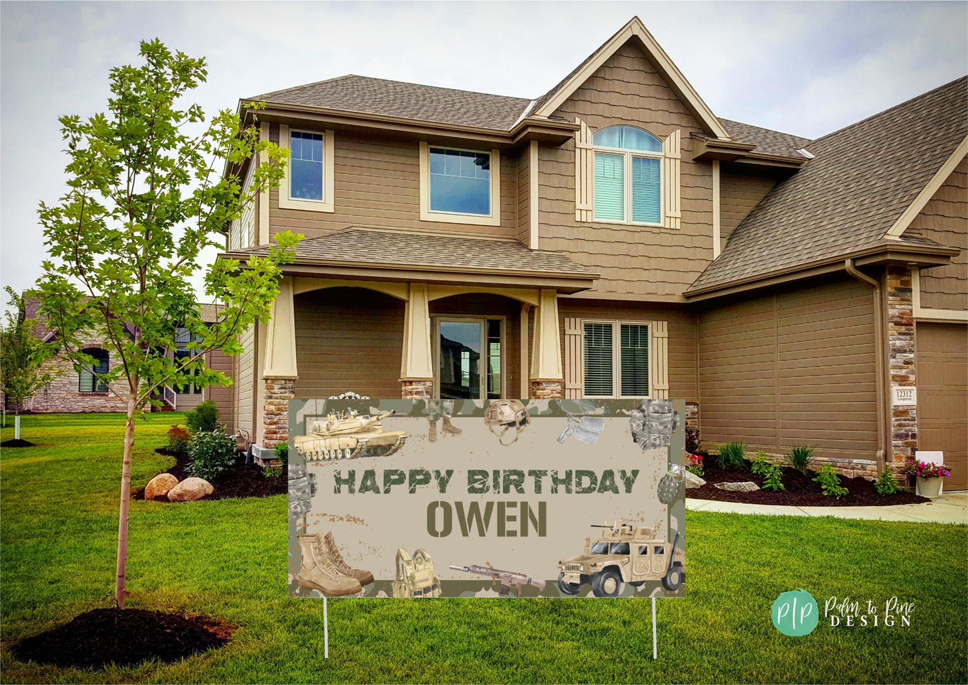 Army-themed birthday party sign in front of house