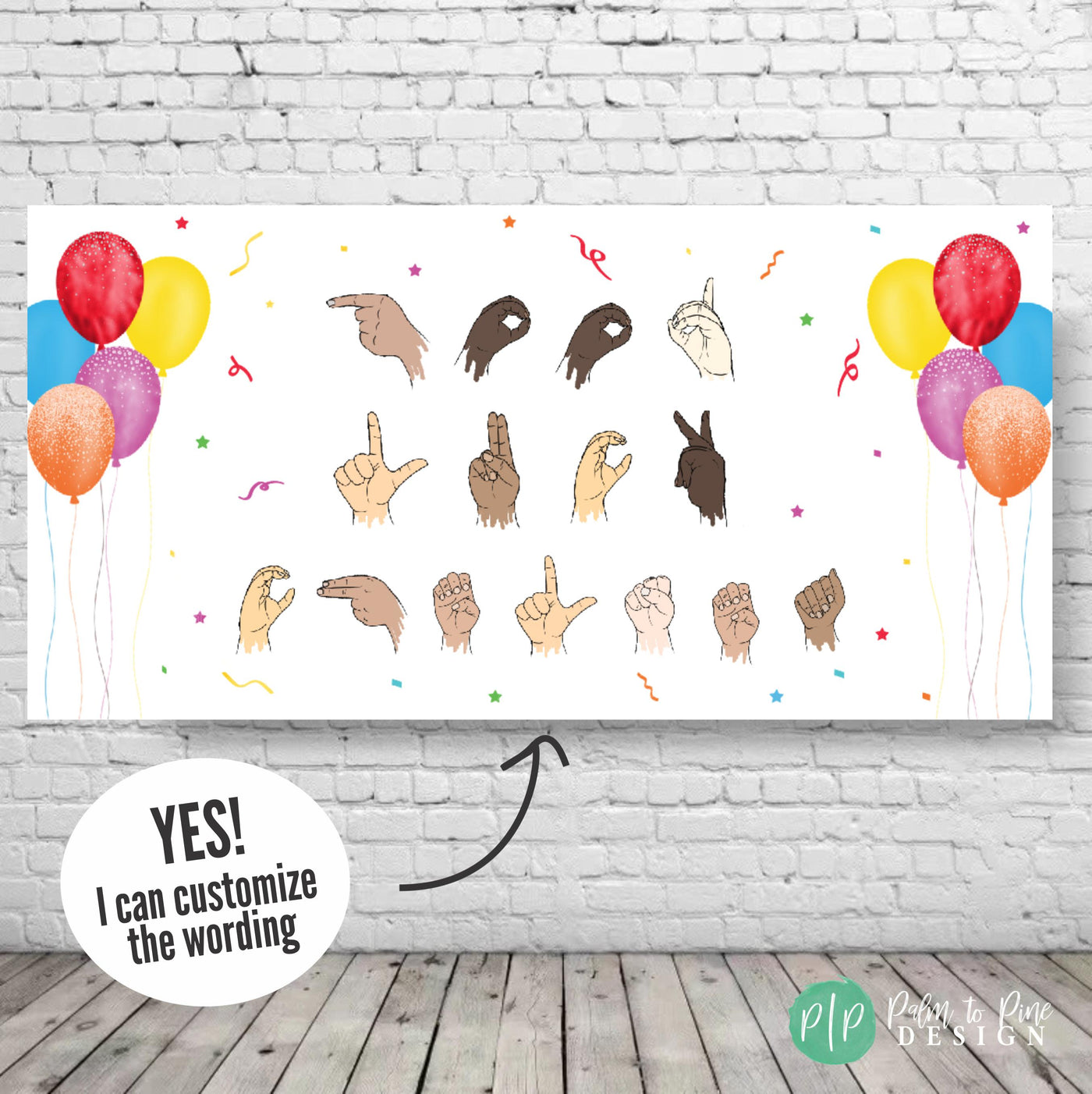 ASL party banner with rainbow balloons