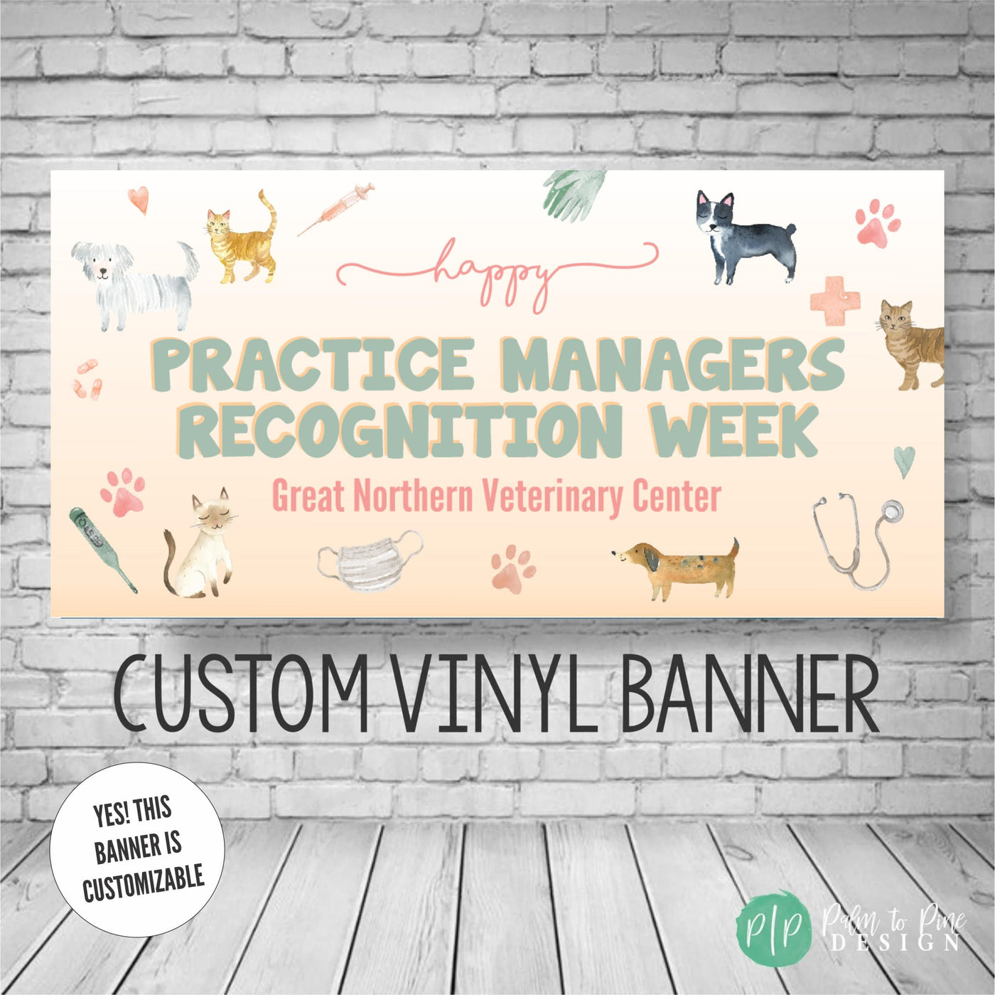 Veterinary Practice Manager Banner in neutral colors with pets and veterinarian tools