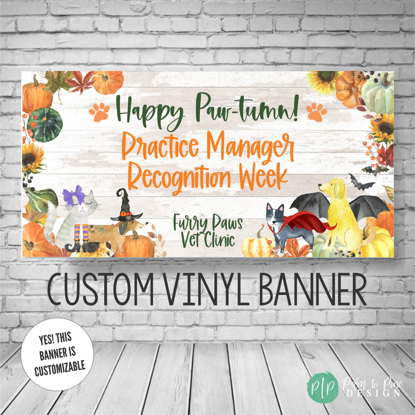 Veterinary Practice Manager Banner with fall pumpkins and pets in Halloween costumes