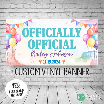 Officially Adopted Banner in rainbow colors with balloons and garland