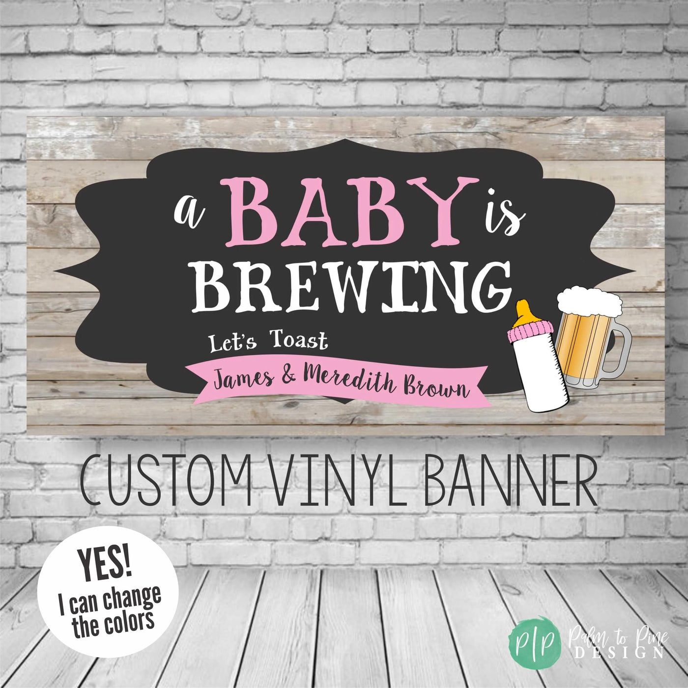 baby is brewing girls baby shower banner with baby bottle and beer mug