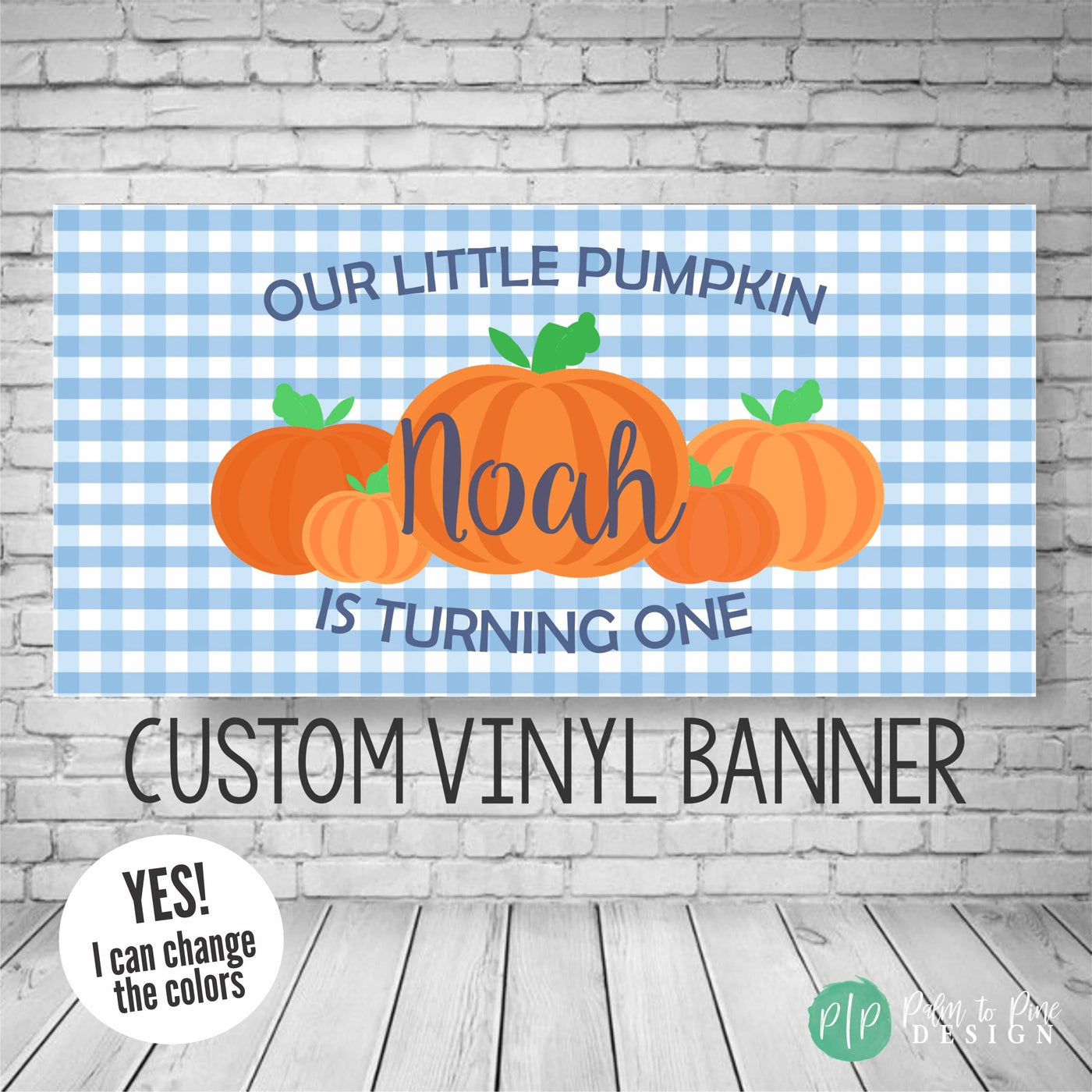 blue gingham little pumpkin birthday banner for boys