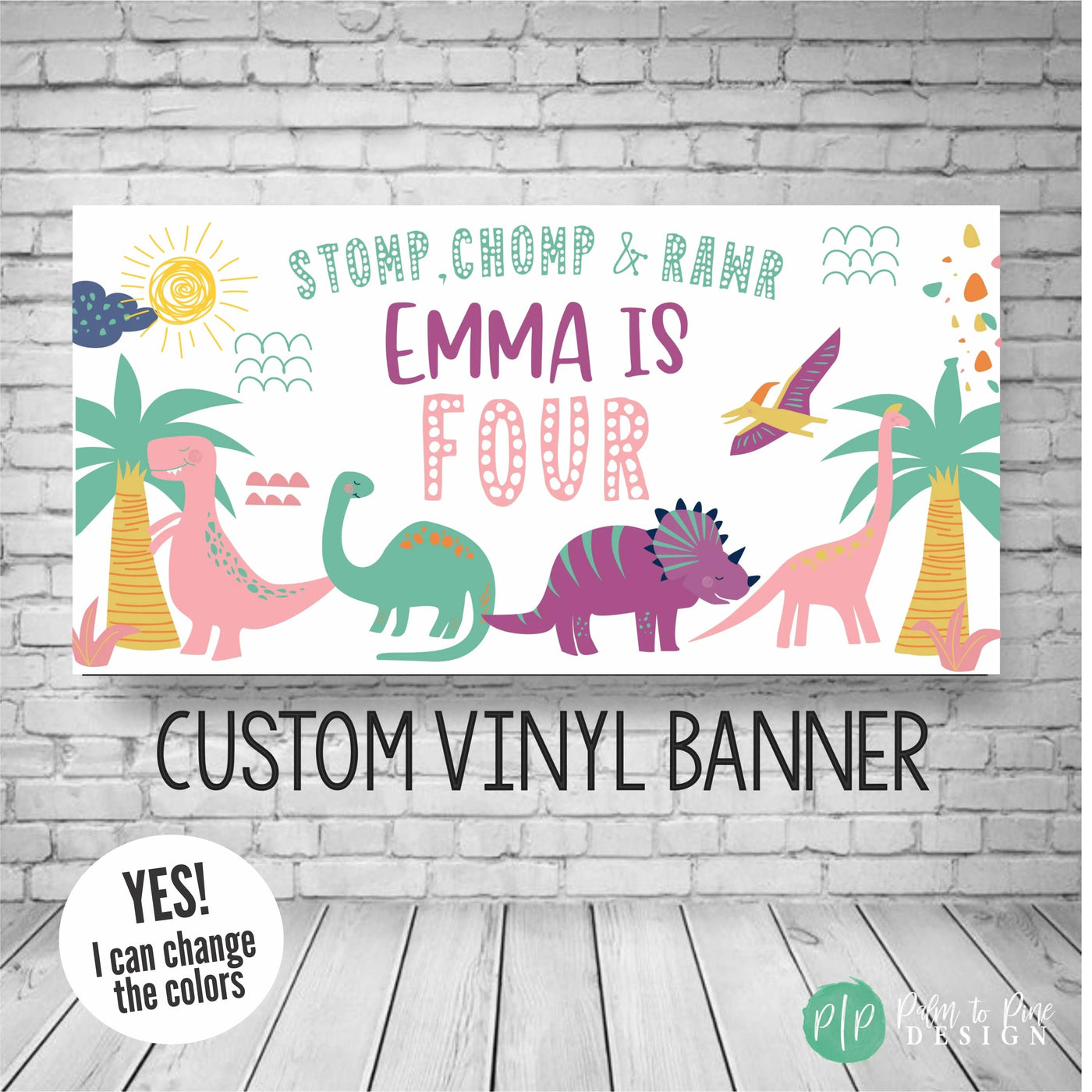 girls dinosaur birthday banner with dino clipart in purples pinks and greens