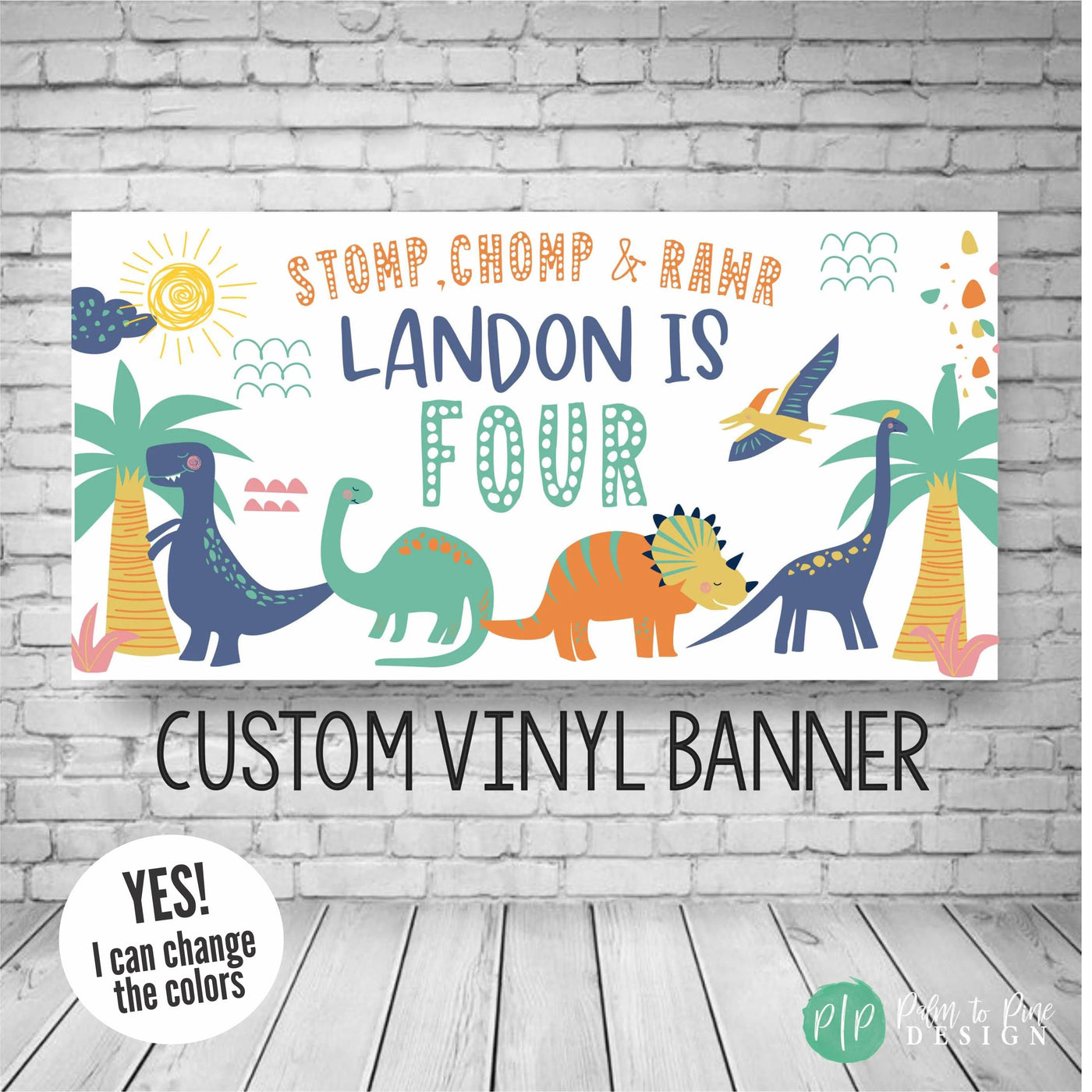 Dinosaur Birthday Banner in blue, orange, yellow and green