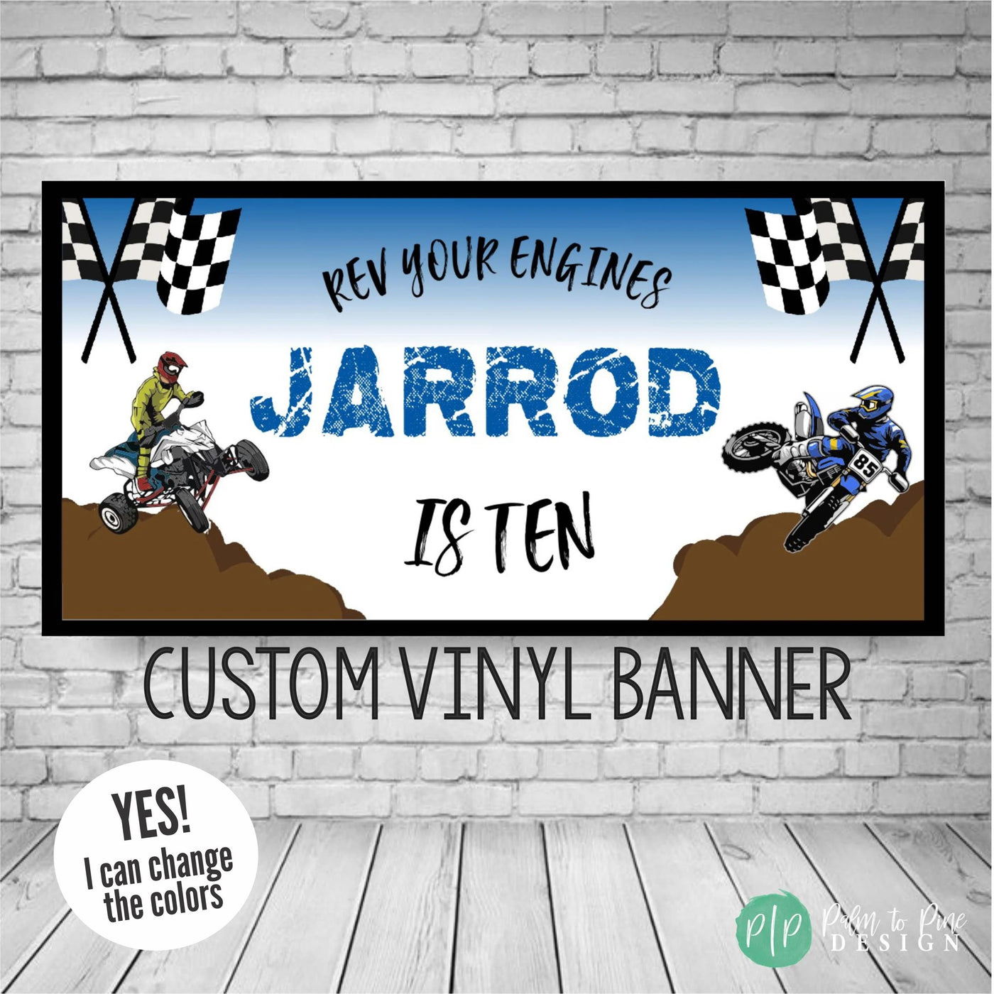 off road vehicle birthday banner with checkered flags, ATV and dirt bike