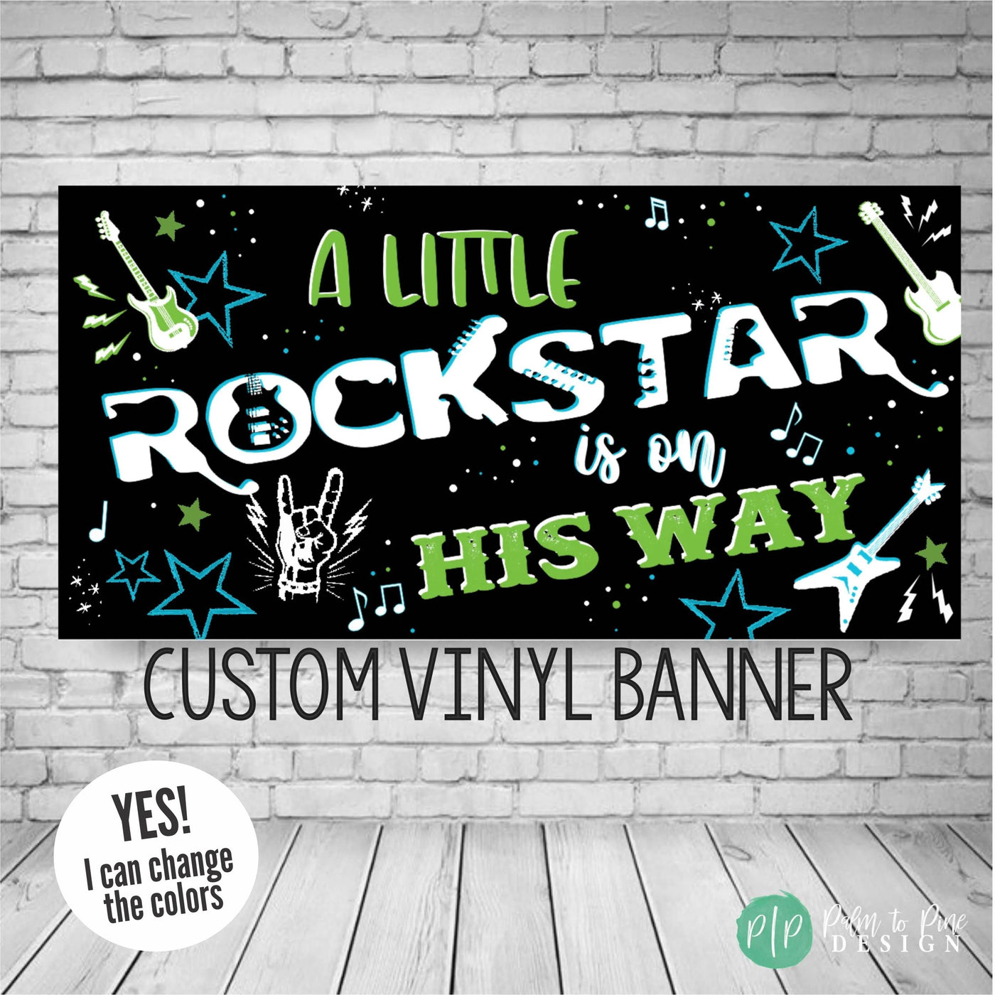 rockstar baby shower banner with black, green and blue guitars and rock symbols