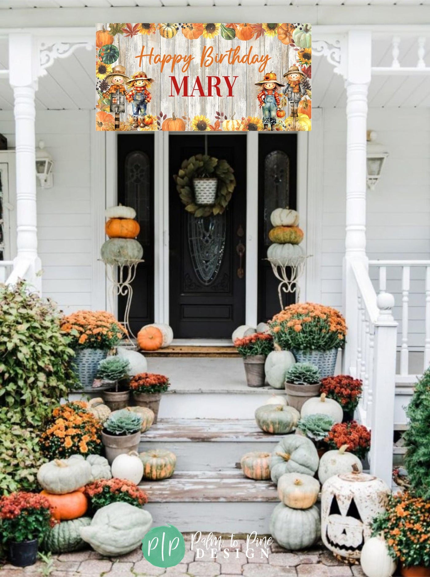 fall front porch pumpkins and birthday sign