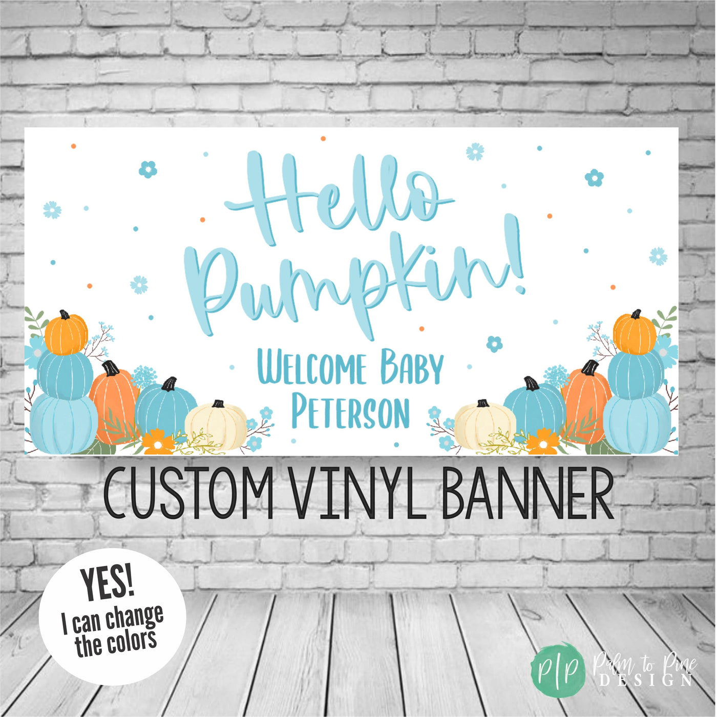 blue pumpkin baby shower banner with hello pumpkin