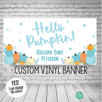 blue pumpkin baby shower banner with hello pumpkin