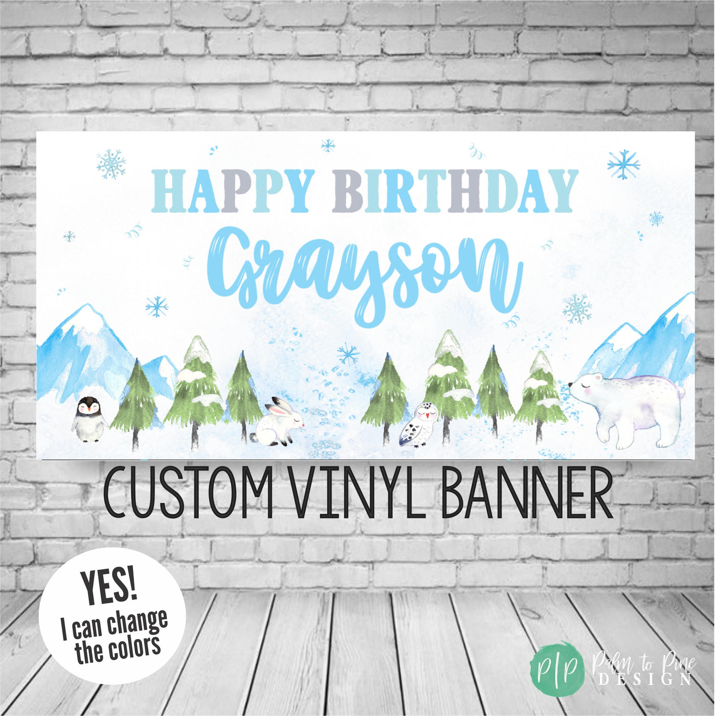 Winter Wonderland Birthday Banner with polar animals in snowy blues