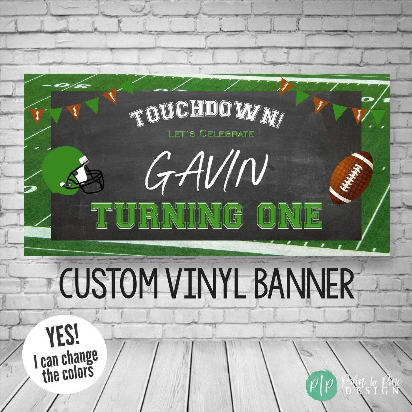 football birthday banner with football field, helmet and sports theme font