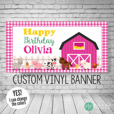 pink barn birthday party for girls birthday with farm animals and gingham print background