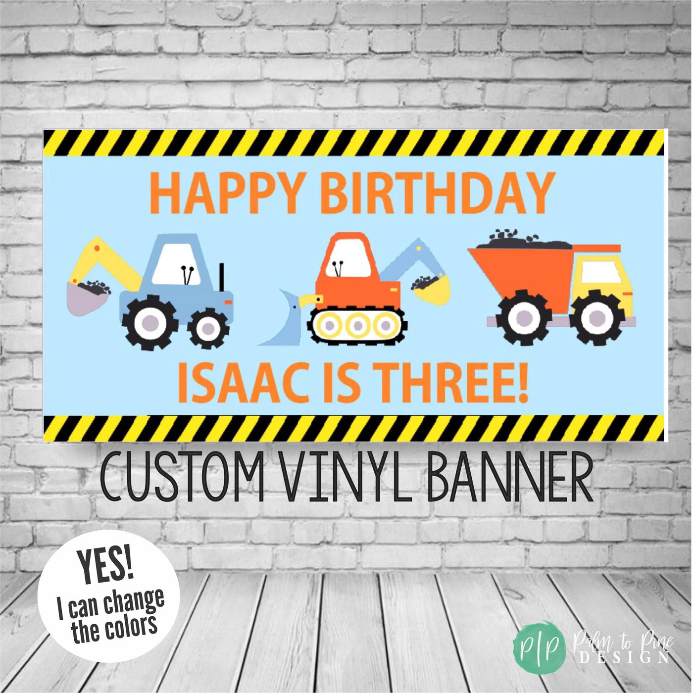 boys construction birthday banner in yellow, orange and blue