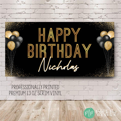 black and gold personalized birthday banner