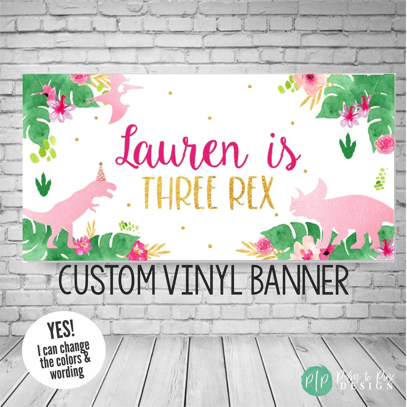 pink, gold and green girls dinosaur birthday banner