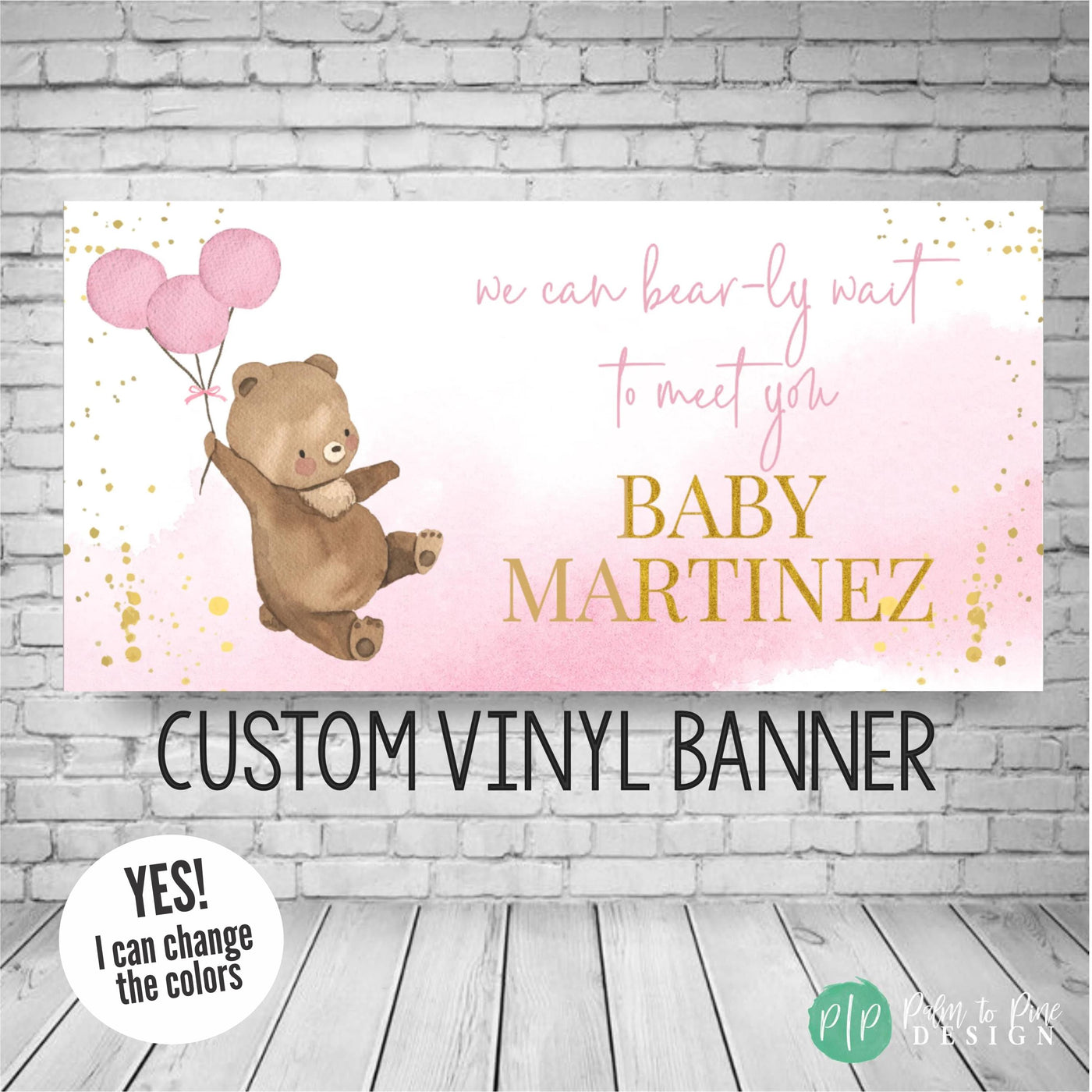 teddy bear baby shower banner in pink and gold