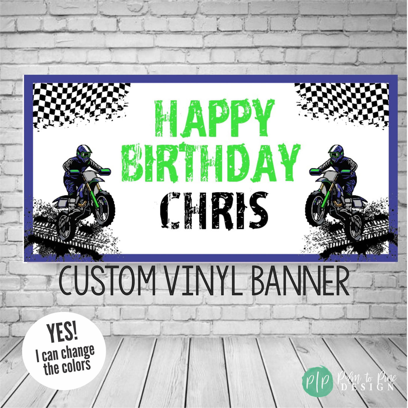 dirt bike motorcross birthday banner with checkered flag and motorcycle riders