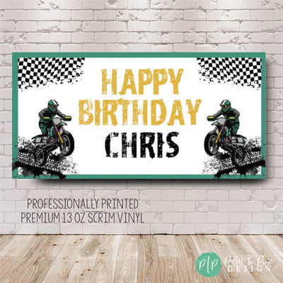 motorcross birthday banner with checkered flag and motorcycle riders