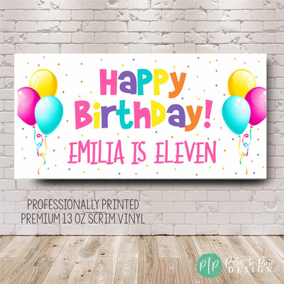 girls happy birthday banner with balloons and polka dots in pink, turquoise, yellow, purple and orange