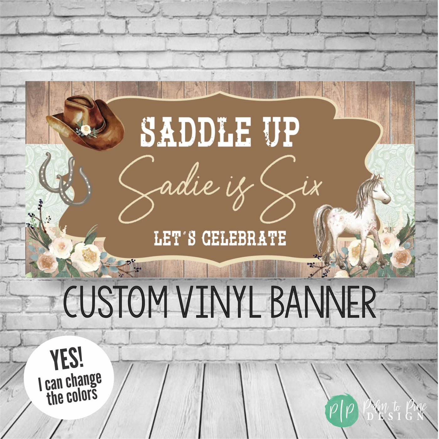 cowgirl western birthday banner with paisley bandana print, rustic wood, horse, flowers and cowboy hat clipart