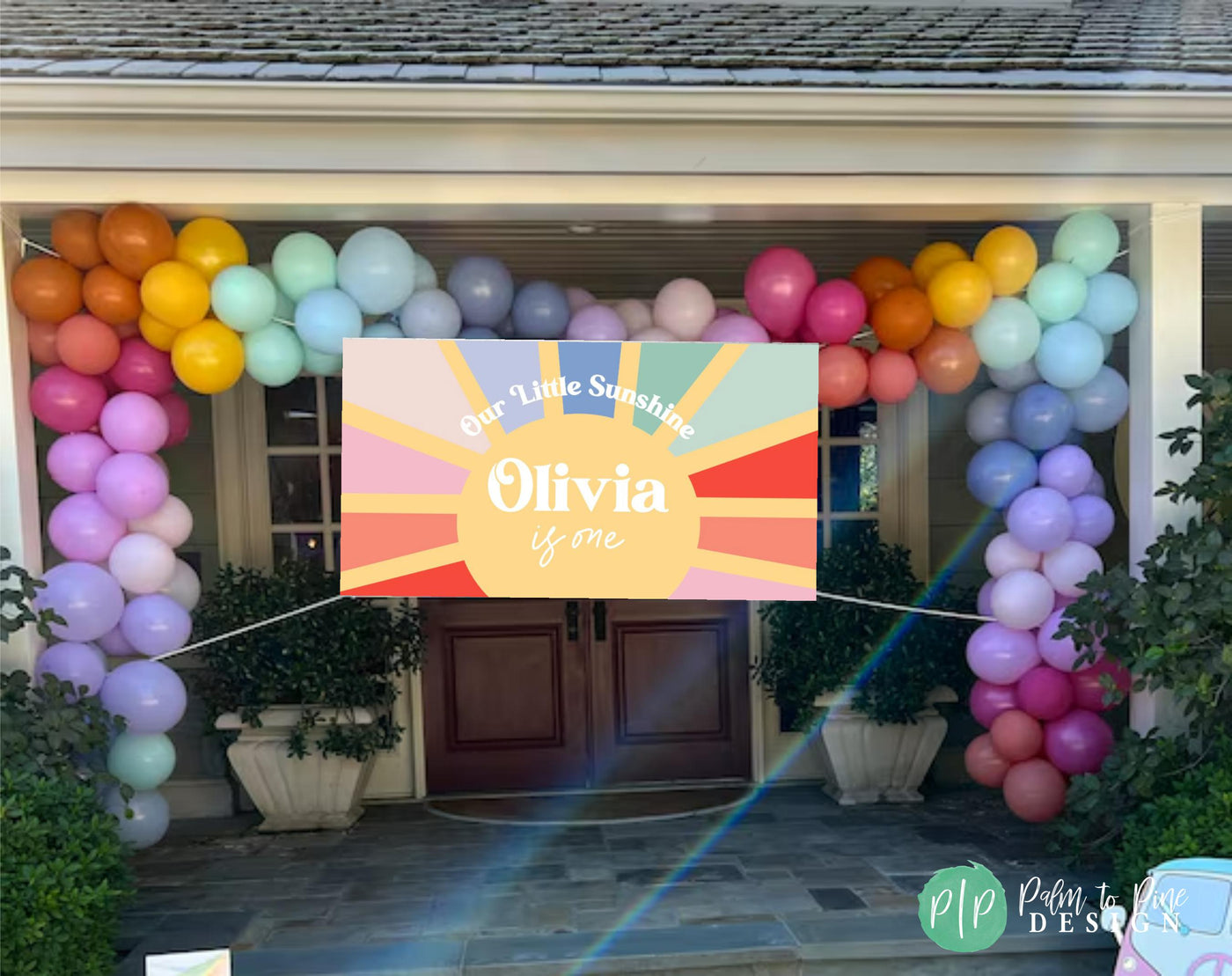 our little sunshine birthday banner and rainbow balloon garland