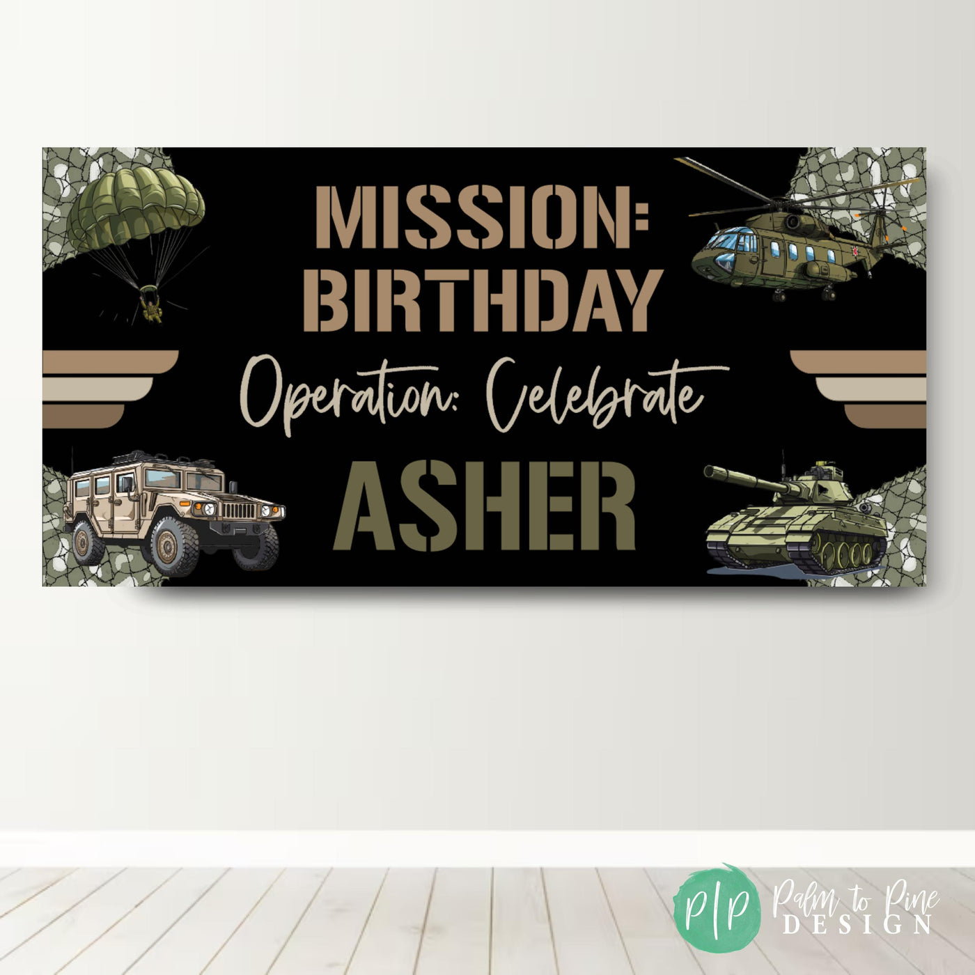 Military Birthday Banner, Camo Party Banner, Military Birthday Decorations, Boys Camouflage Birthday Decor, Personalized Tank Soldier Banner