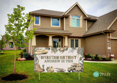 Outdoor Military Birthday Banner in Yard in front of house