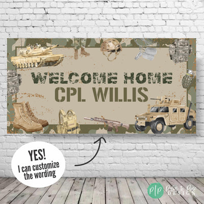 Personalized welcome home military banner in camo