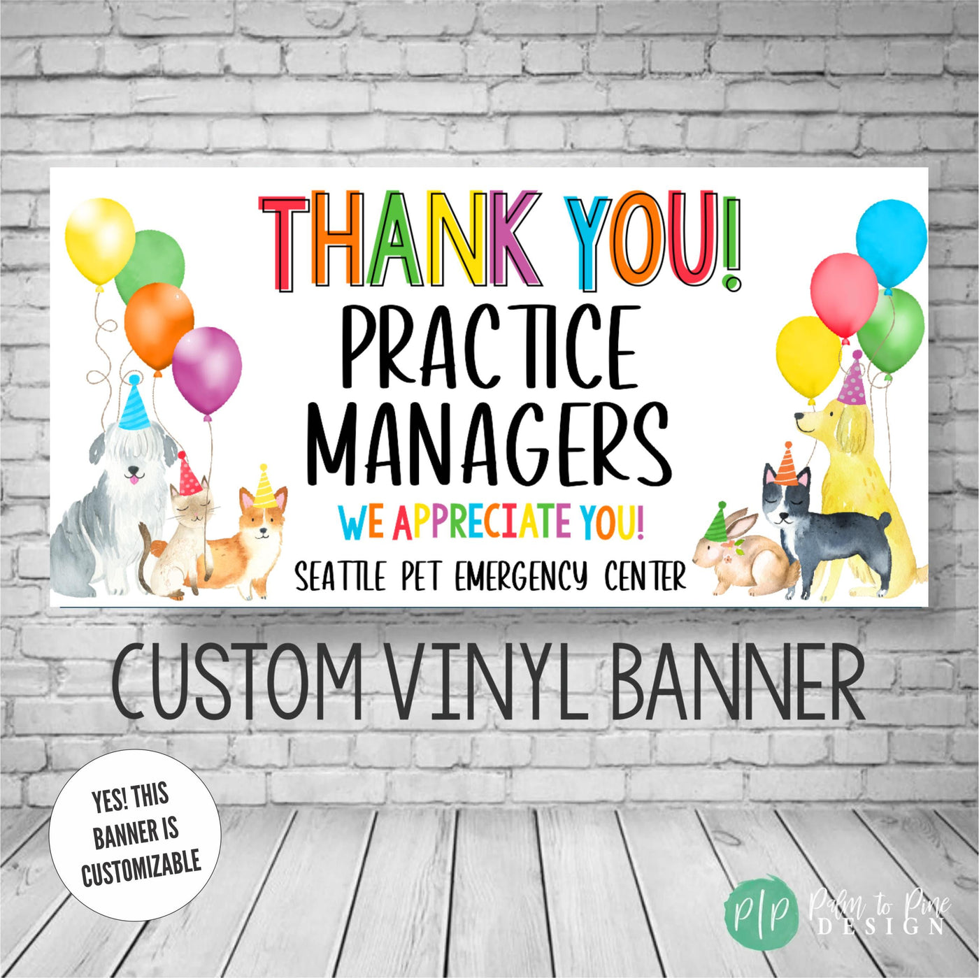 rainbow colored veterinary practice managers appreciation week banner with pets and balloons