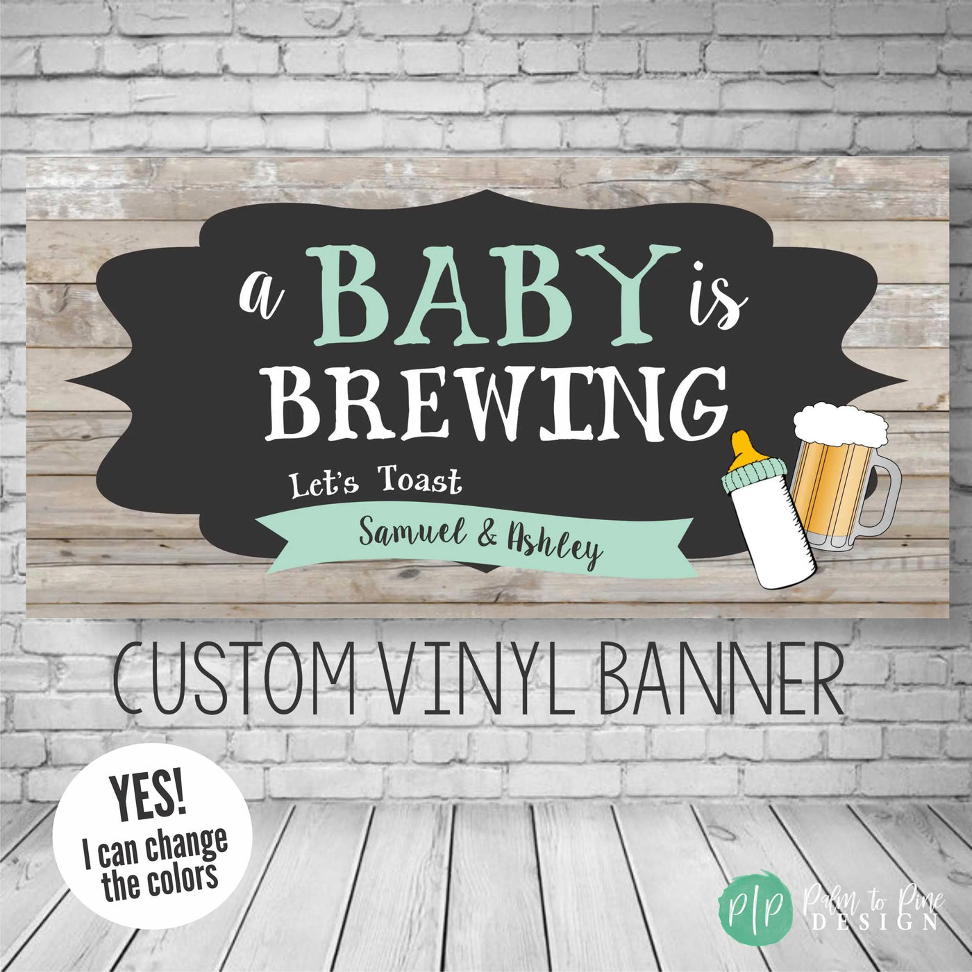 Baby Shower Banner in mint green with baby bottle and beer mug for baby is brewing theme