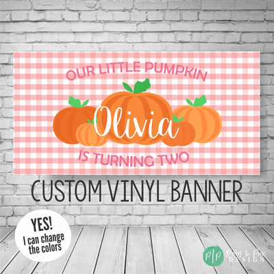 pink gingham little pumpkin birthday banner for girls