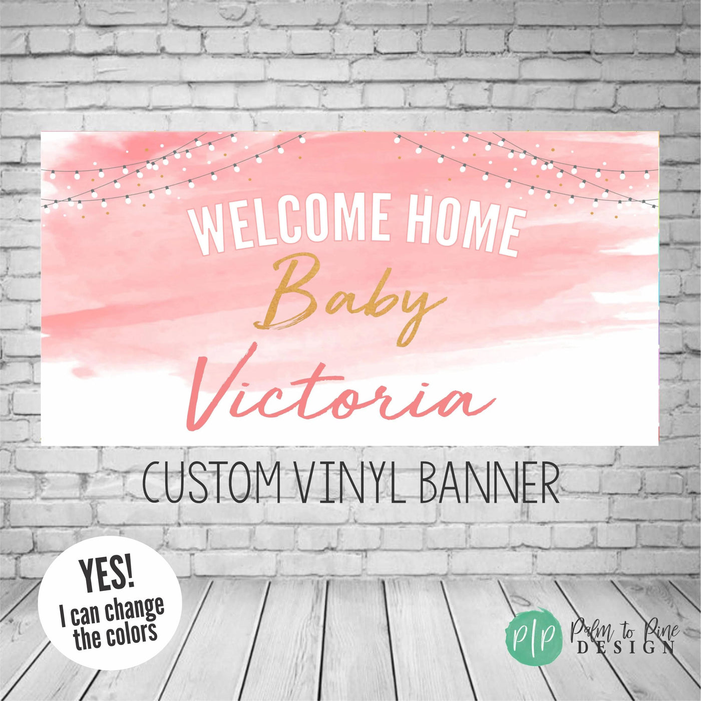 welcome home baby banner with pink watercolor background and fairy light details