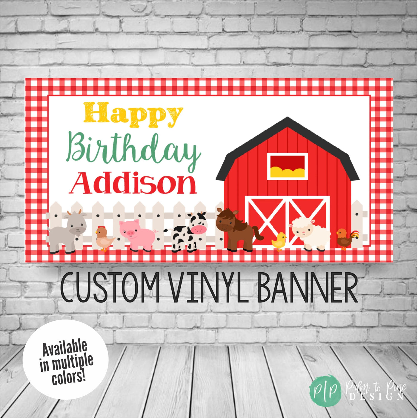 kids barn birthday banner with red gingham and cute farm animals