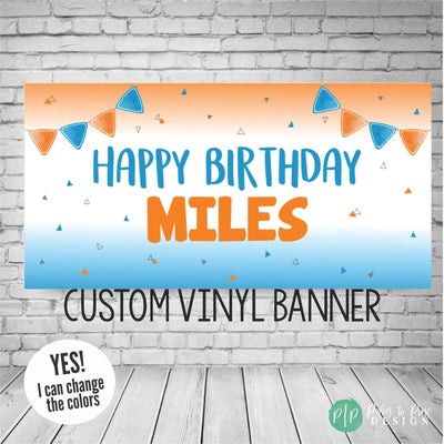 Blippi inspired birthday banner in blue and orange colors