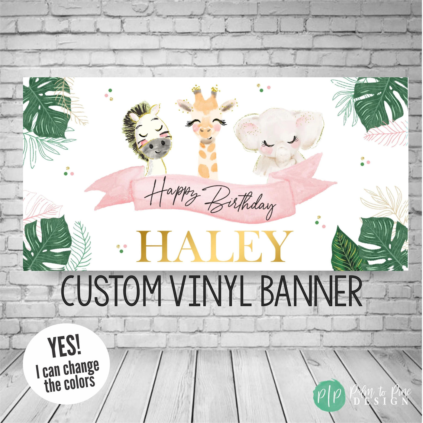 pink jungle baby shower banner with zebra, giraffe, elephant and palm leaves