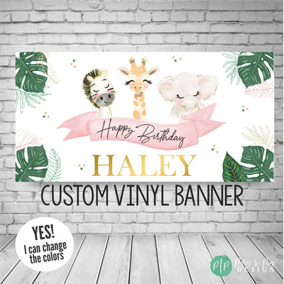 pink jungle baby shower banner with zebra, giraffe, elephant and palm leaves