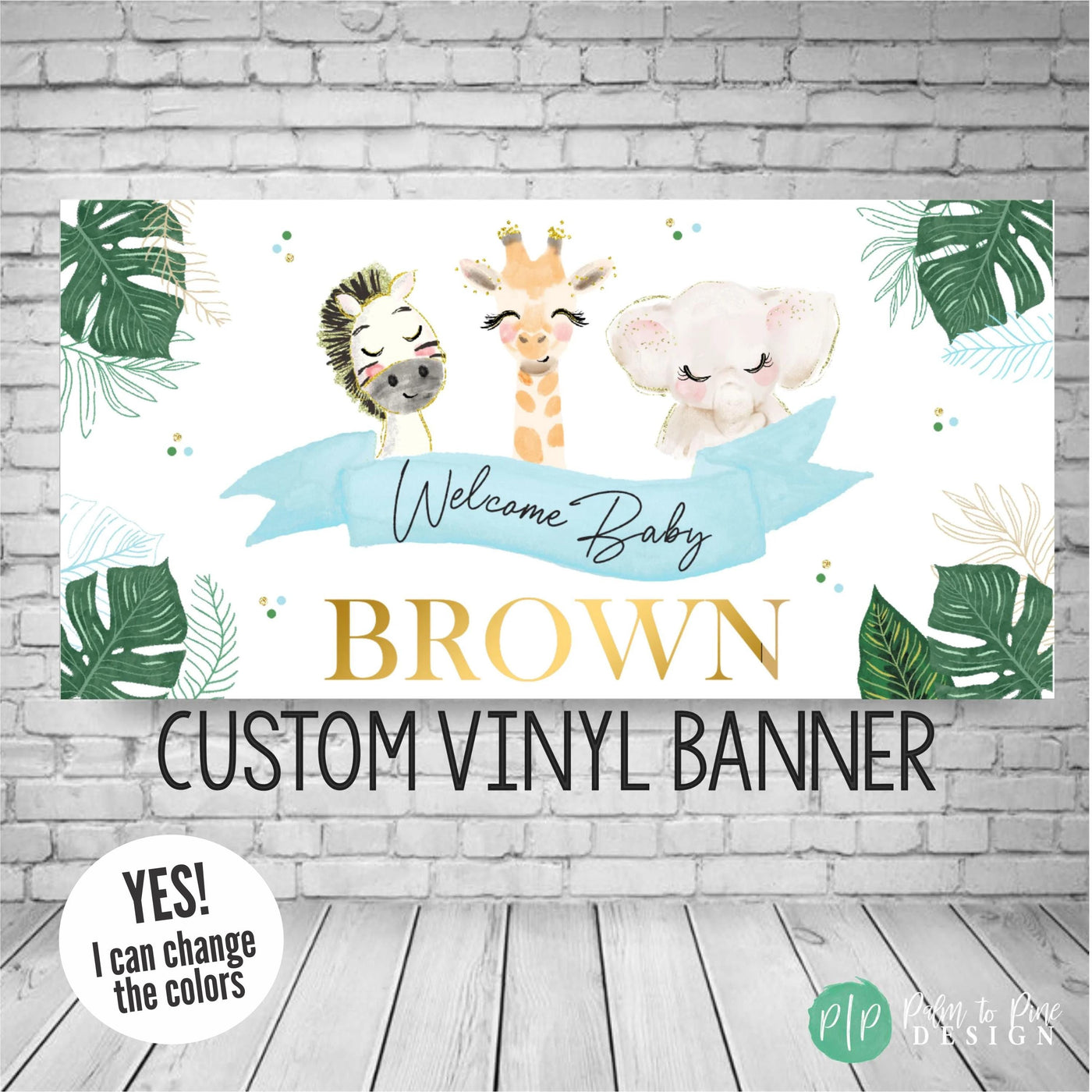 blue jungle baby shower banner with zebra, giraffe, elephant and palm leaves