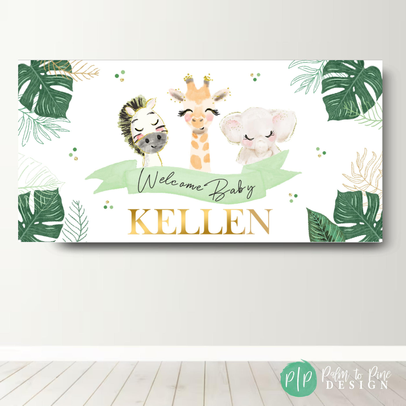 jungle baby shower banner in green and gold neutrals