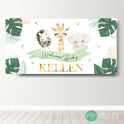 jungle baby shower banner in green and gold neutrals