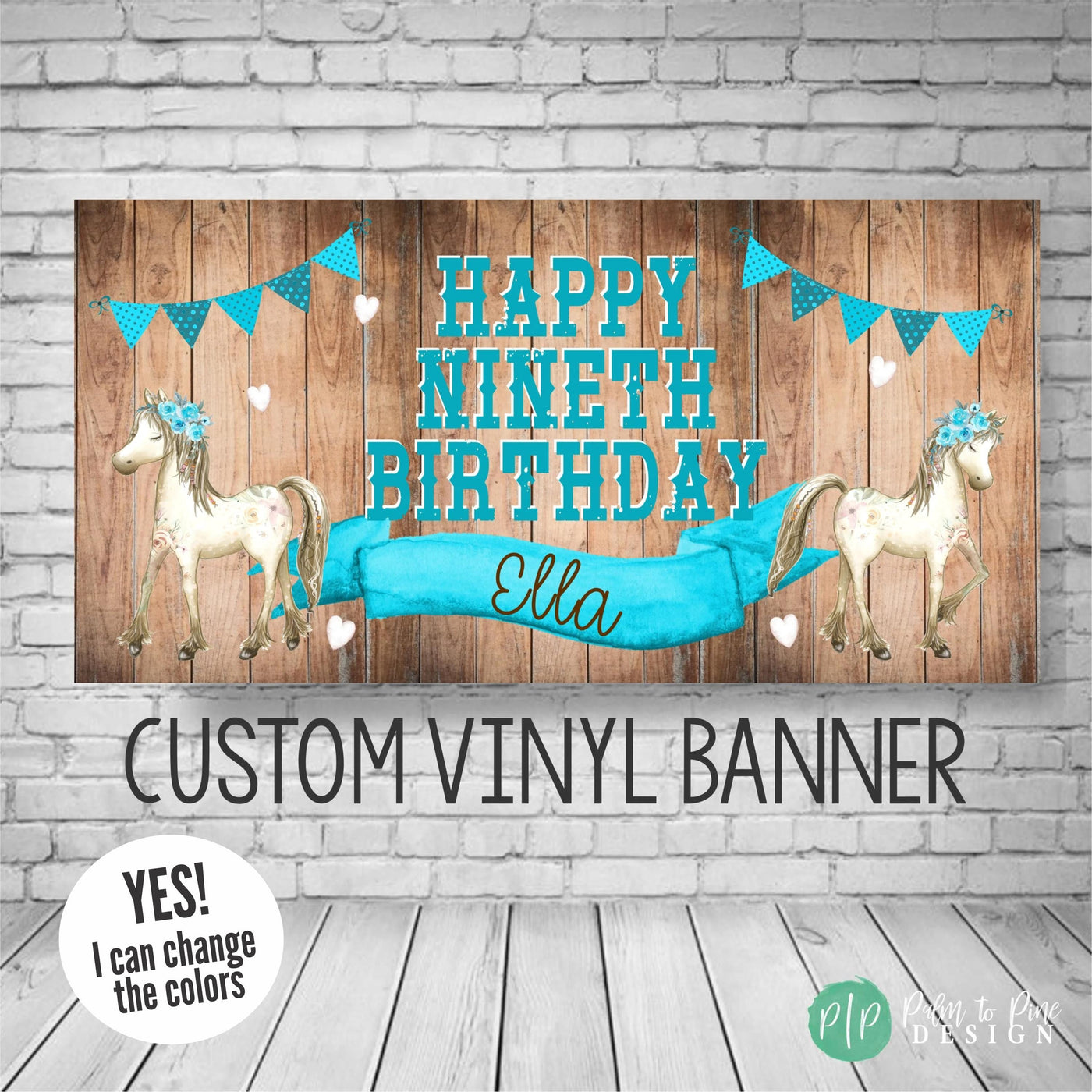 turquoise horse birthday banner with rustic wood background and horses with floral crowns