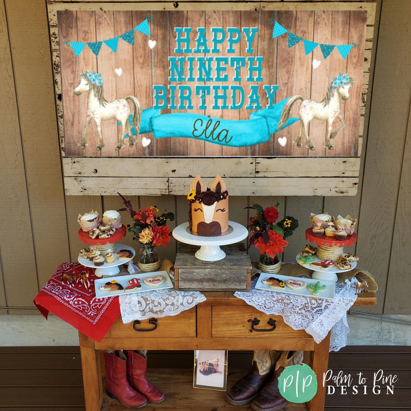 horse birthday party dessert table and personalized banner