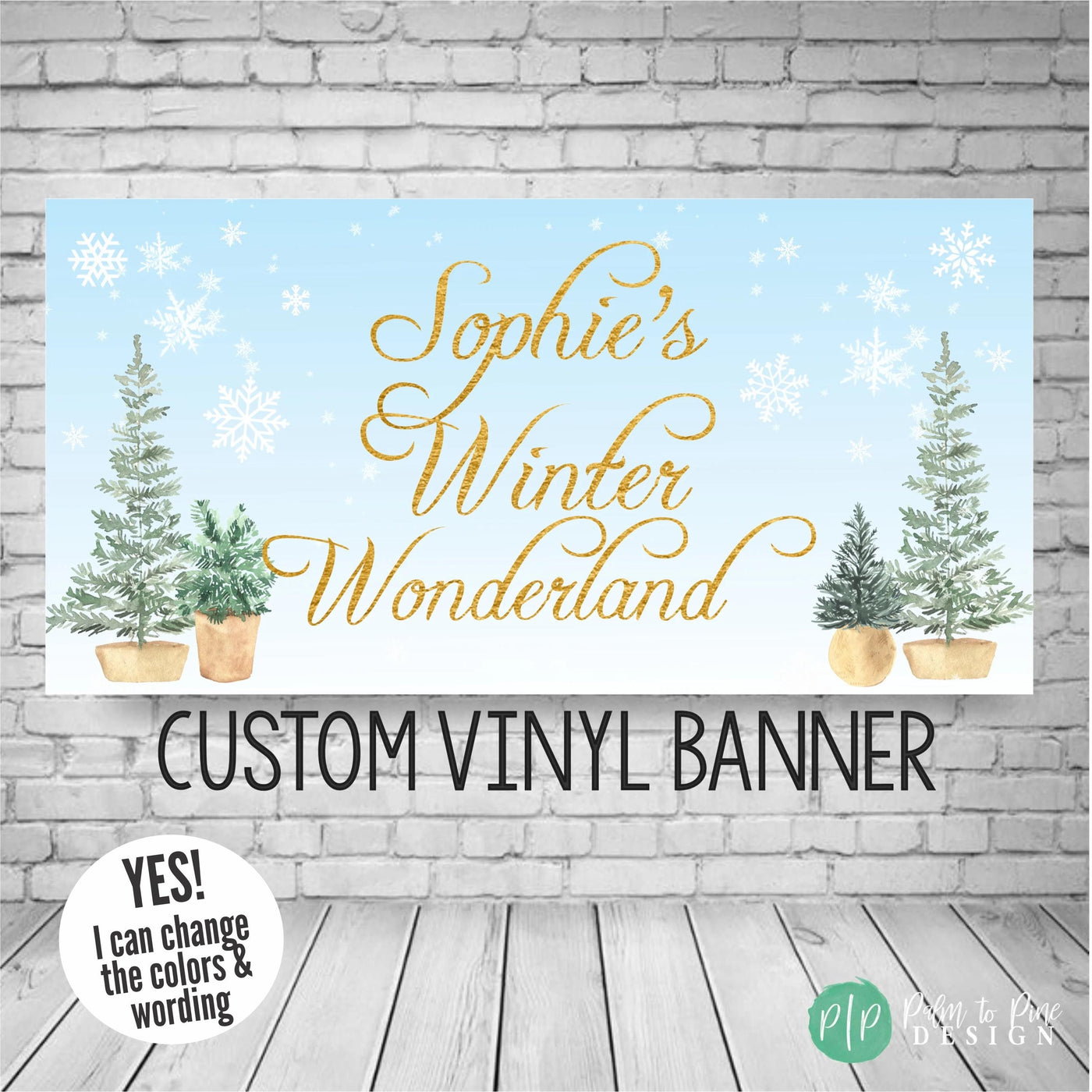 winter birthday banner with snowflakes and trees on light blue background